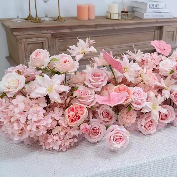 Décoration de toile de fond de mariage, composition florale au sol, chemin de table, centre de table, rangée de fleurs, accessoire d'événement, vitrine, fleur artificielle