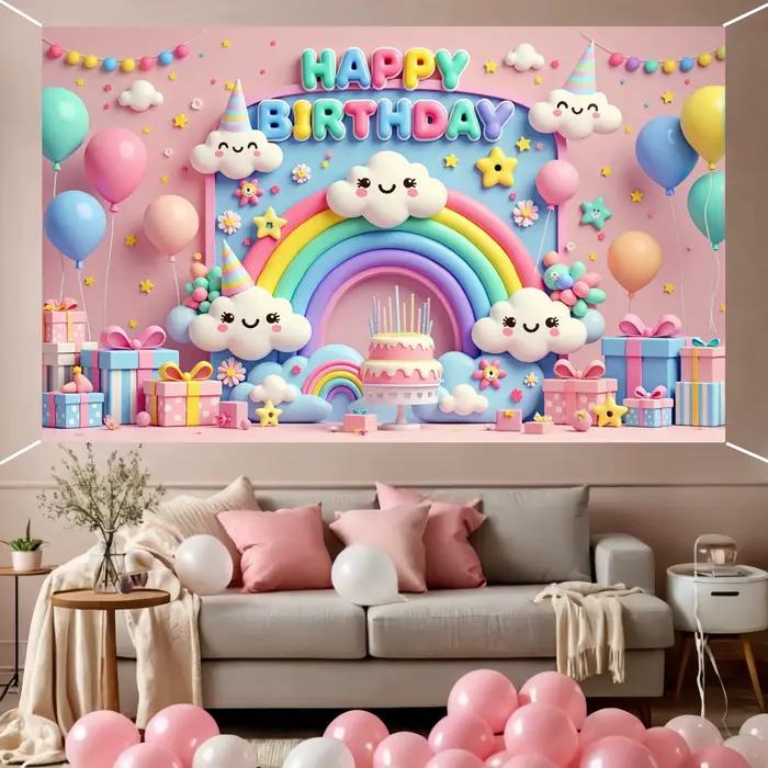 Ballons de bannière de fond joyeux anniversaire, nuage arc-en-ciel coloré, décoration de fête d'anniversaire pour bébé et enfant, mur de fond de célébrité
