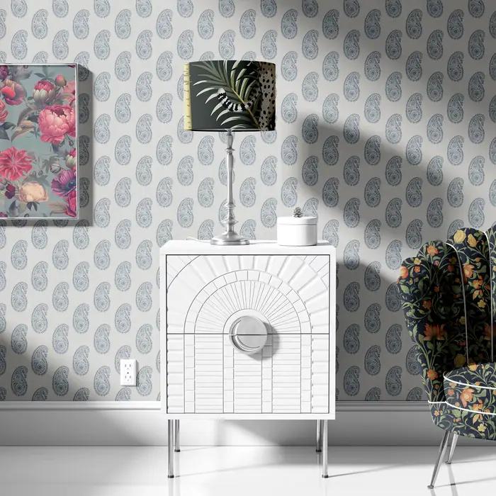 Papier peint traditionnel à motif paisley pour chambre à coucher, papier peint beige avec motif paisley bleu répété, à coller et à décoller, taille personnalisée