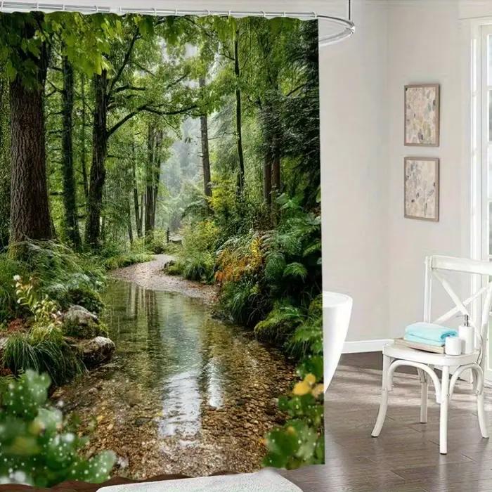 Rideau de douche imperméable avec une scène de ruisseau de forêt tranquille pour un décor de salle de bain relaxant et inspiré de la nature