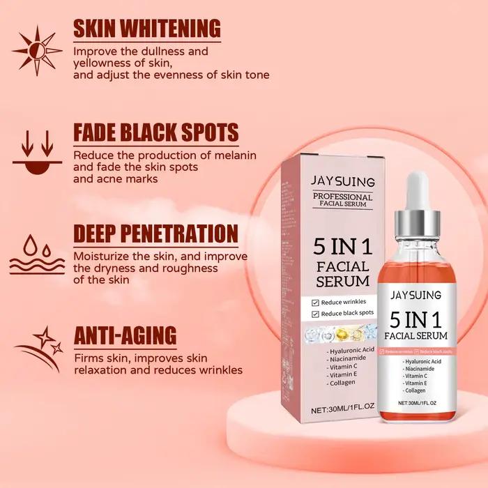 JAYSUING 5 en 1 sérum pour le visage acide hyaluronique vitamine C rétrécit les Pores hydratant éclaircissant estompe
