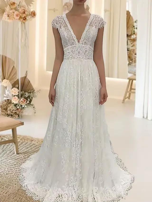 Robe de mariée blanche, col en V profond, traîne balai, en dentelle, sans manches, dos illusion sexy, longueur ras du sol, coupe trapèze