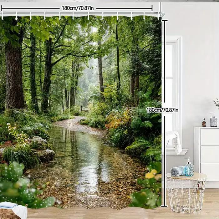 Rideau de douche imperméable avec une scène de ruisseau de forêt tranquille pour un décor de salle de bain relaxant et inspiré de la nature