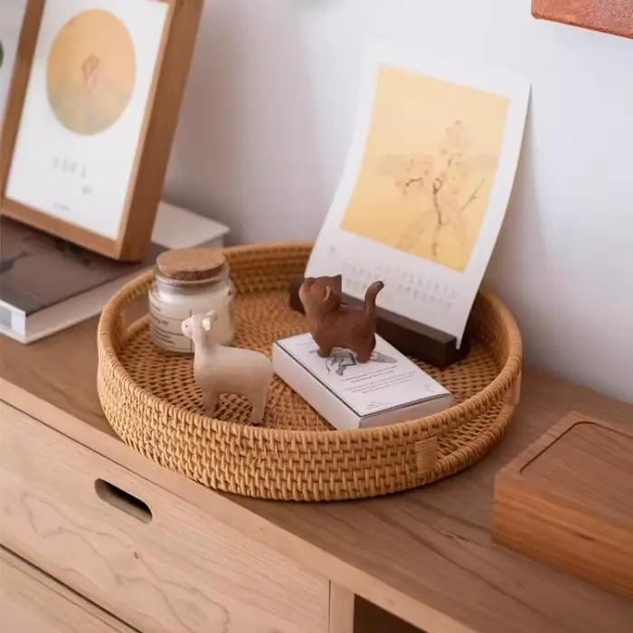 Plateau en rotin tissé à la main, panier alimentaire, plateau de fruits, assiette de collation de thé de l'après-midi multifonction, panier décoratif, plateau de rangement