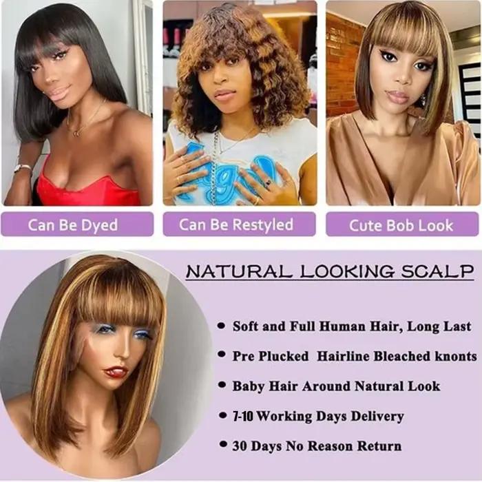 Perruques courtes et droites en cheveux humains blonds et bruns avec frange pour femmes, cheveux brésiliens Remy, perruques sans colle, cheveux humains pour cosplay