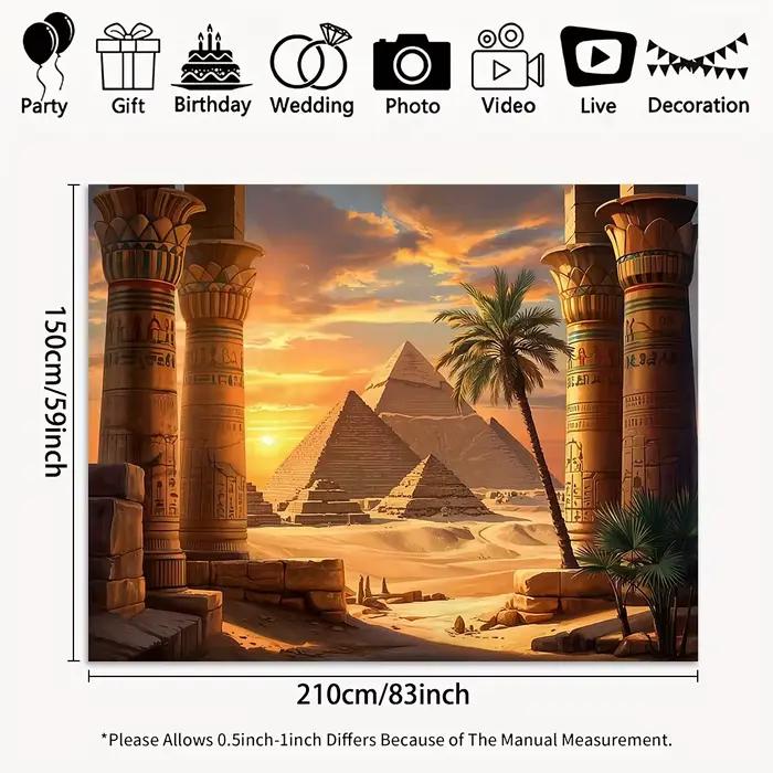 Bannière à fond plat 2D – Pilares égyptiennes anciennes, scène de coucher de soleil de pyramide du désert, décoration de fête