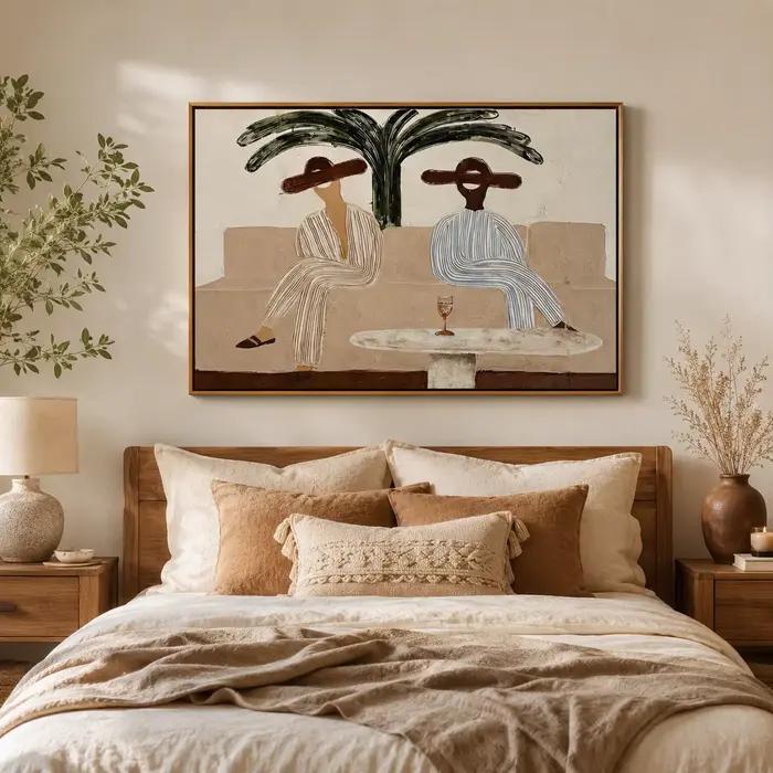 Palm Afternoon – Deux femmes sur un canapé avec peinture sur toile d'un palmier, impression murale, œuvre d'art de décoration intérieure de haute qualité pour la chambre à coucher