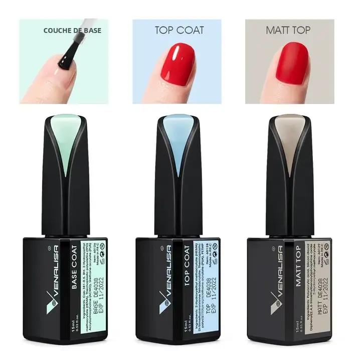 VENALISA 15ml Vernis à ongles gel haute brillance, base et top coat, durcissable aux LED/UV, longue tenue, sans résidu, pour manucure professionnelle