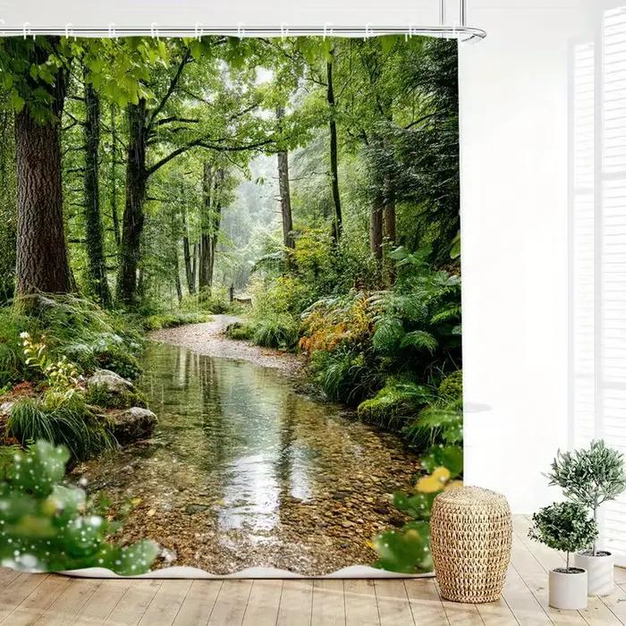 Rideau de douche imperméable avec une scène de ruisseau de forêt tranquille pour un décor de salle de bain relaxant et inspiré de la nature