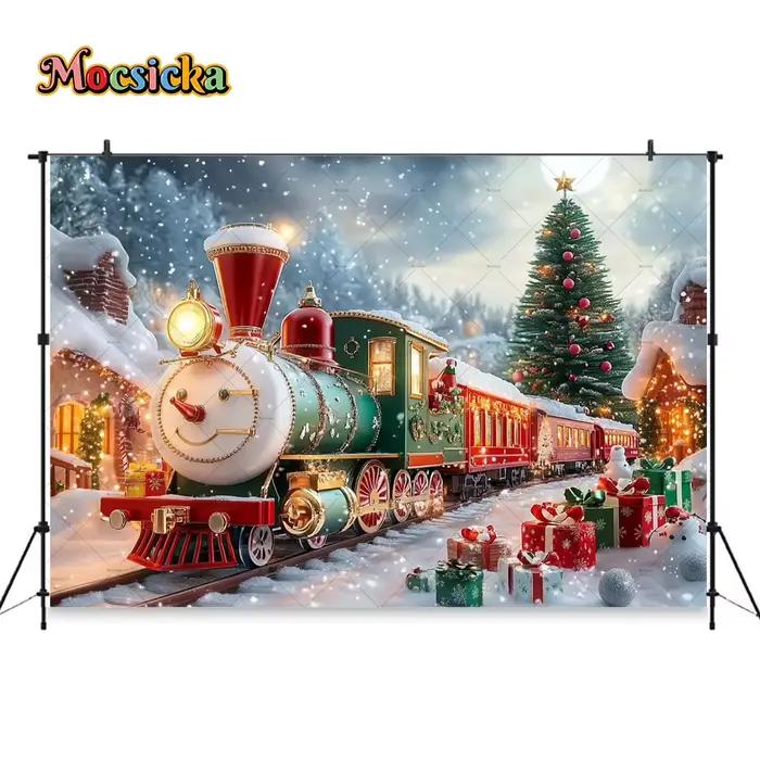 Photographie de fond de train coloré de Noël, cadeau de stand de toile de fond, photo d'anniversaire, réveillon du Nouvel An, bonhomme de neige, arbre de Noël, enfants, hiver