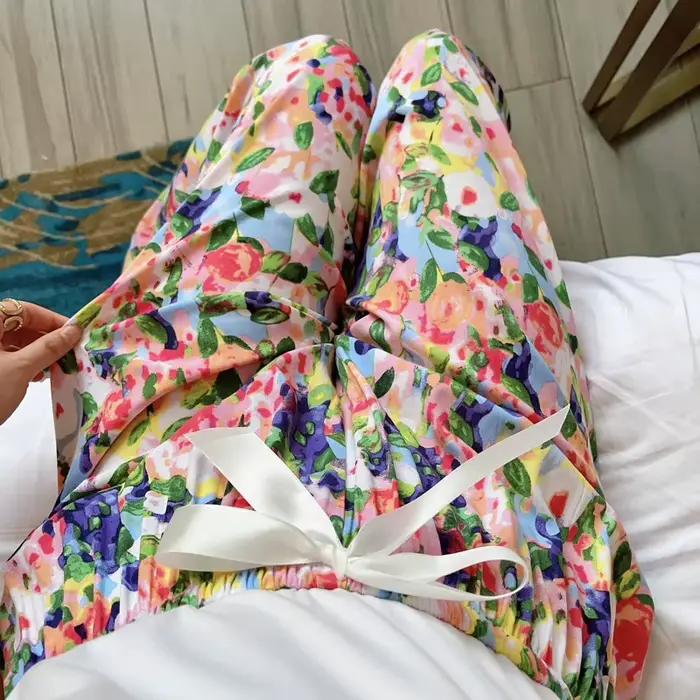 Pantalon de nuit coréen pour femmes, grande taille, vêtements de maison, jambes larges, décontracté, imprimé floral, vêtements de nuit, été