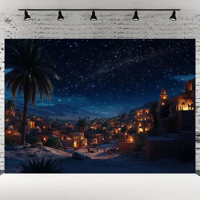 Fond de scène de la nativité - Starry Night Manager et Bethlehem Village, polyester, décorations de Noël et religieuses