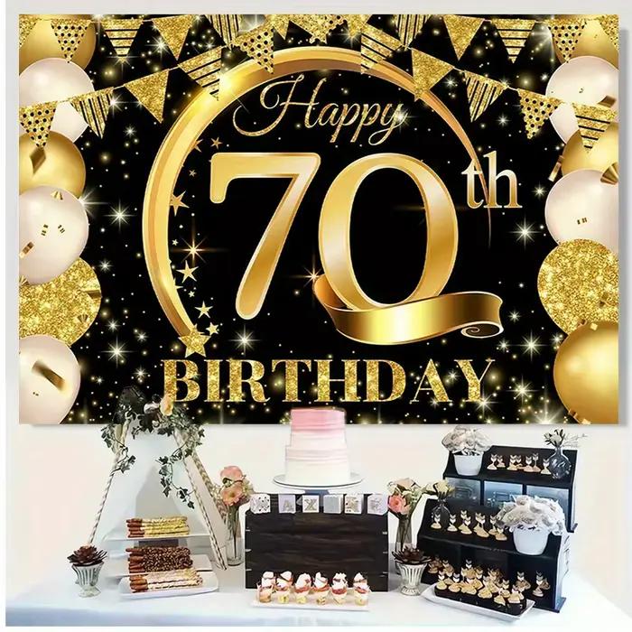 Tissu de fond pour fête d'anniversaire 70e anniversaire, décoration d'anniversaire élégante sur le thème noir et or avec texte «joyeux anniversaire»
