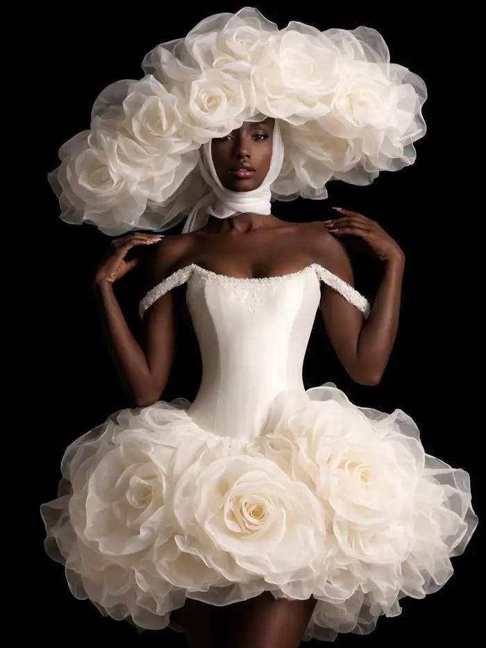 Robe blanche à épaules dénudées avec jupe bouffante, corsage orné de grandes fleurs et de perles, robe de soirée de luxe pour mariage, bal de promo, sans chapeau
