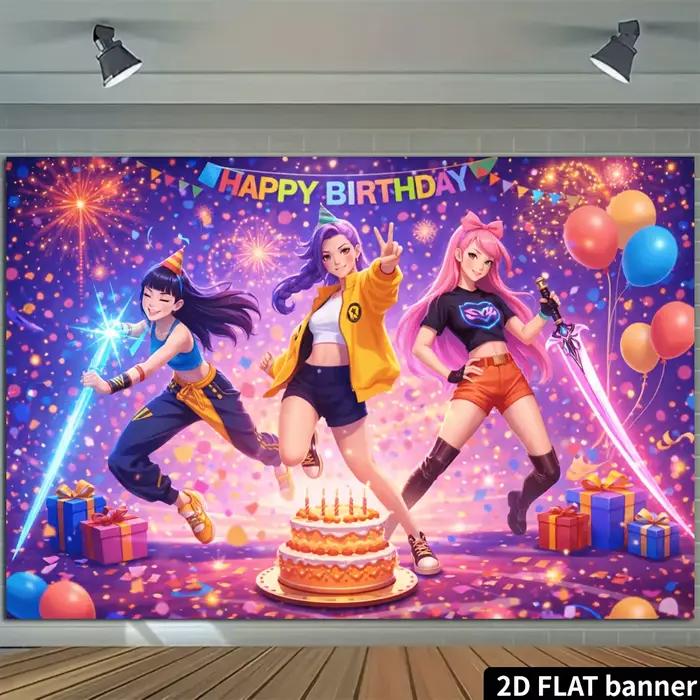 Un toile de fond de fête d'anniversaire 2D, avec des personnages de style dessin animé vibrants et une ambiance animée.