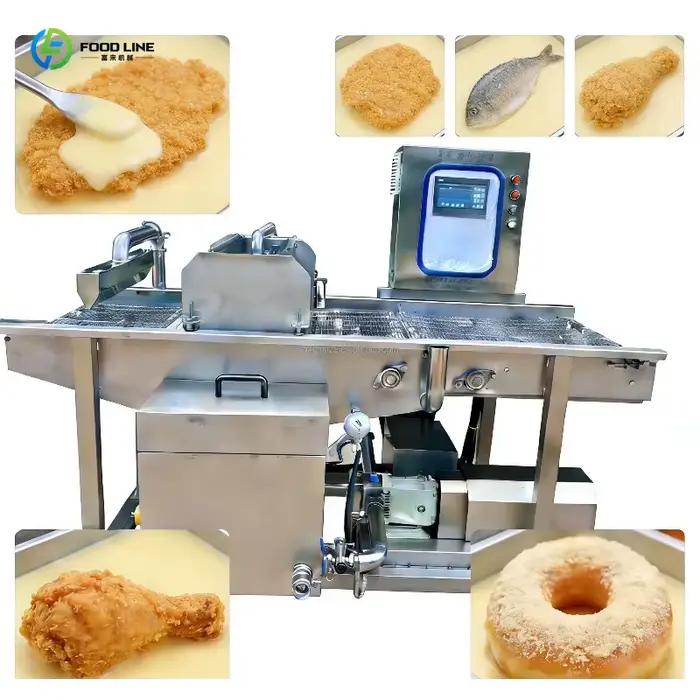 Machine industrielle personnalisée pour la poudrure de poulet, idéale pour les nuggets de poulet, les galettes de poisson et les paniers de pain de mie.