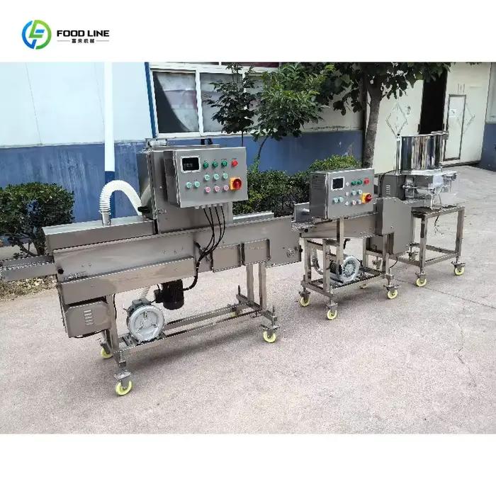 Machine industrielle personnalisée pour la poudrure de poulet, idéale pour les nuggets de poulet, les galettes de poisson et les paniers de pain de mie.