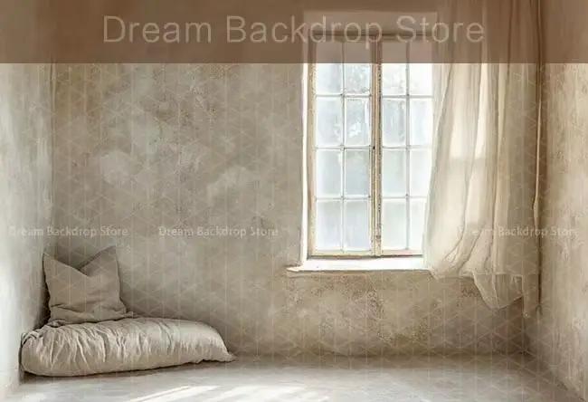Fond de photographie bohème beige texturé, mur, fenêtre, pour anniversaire d'enfant, maternité, portrait familial, décor de studio photo
