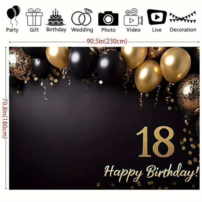 Bannière de fond pour fête d'anniversaire de 18 ans - ballons noirs et dorés avec inscription « Joyeux anniversaire ! » écrits sur eux. Polyester durable
