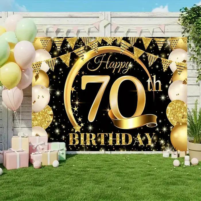 Tissu de fond pour fête d'anniversaire 70e anniversaire, décoration d'anniversaire élégante sur le thème noir et or avec texte «joyeux anniversaire»