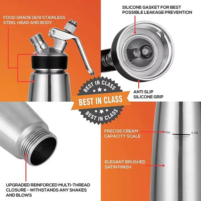 Distributeur de Crème Fouettée en Acier Inoxydable, Siphon avec 3 Embouts Décoratifs, 4 Embouts d'Injecteur, 1 Pinte