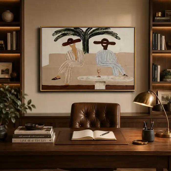 Palm Afternoon – Deux femmes sur un canapé avec peinture sur toile d'un palmier, impression murale, œuvre d'art de décoration intérieure de haute qualité pour la chambre à coucher