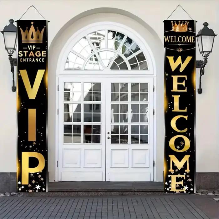 Toile de fond décorative style entrée VIP Scène Or Noir, motif couronne et étoiles pour célébrations festives