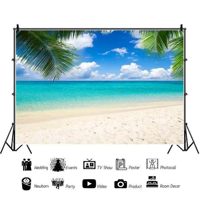 Fond de photographie de plage avec palmiers tropicaux, pour mariage estival, anniversaire de bébé, fête prénuptiale, studio photo