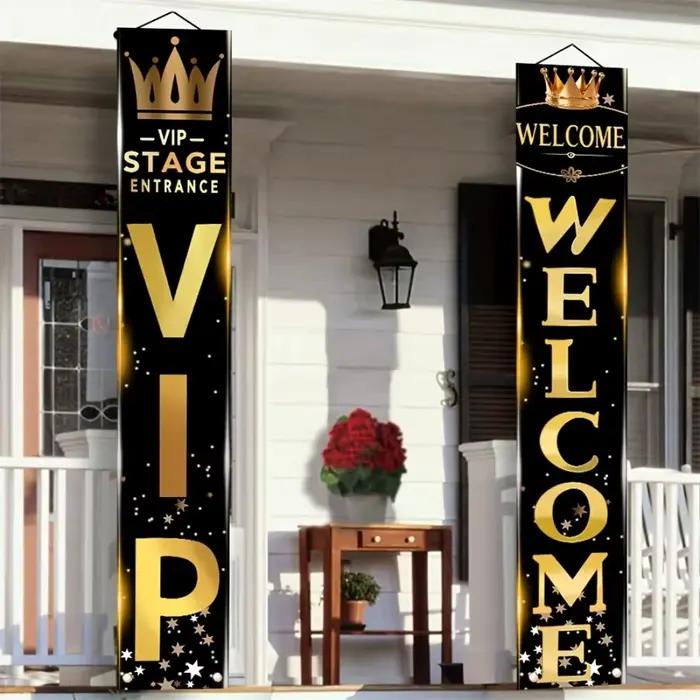 Toile de fond décorative style entrée VIP Scène Or Noir, motif couronne et étoiles pour célébrations festives