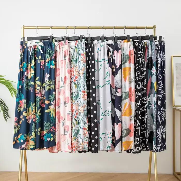 Pantalon de nuit coréen pour femmes, grande taille, vêtements de maison, jambes larges, décontracté, imprimé floral, vêtements de nuit, été