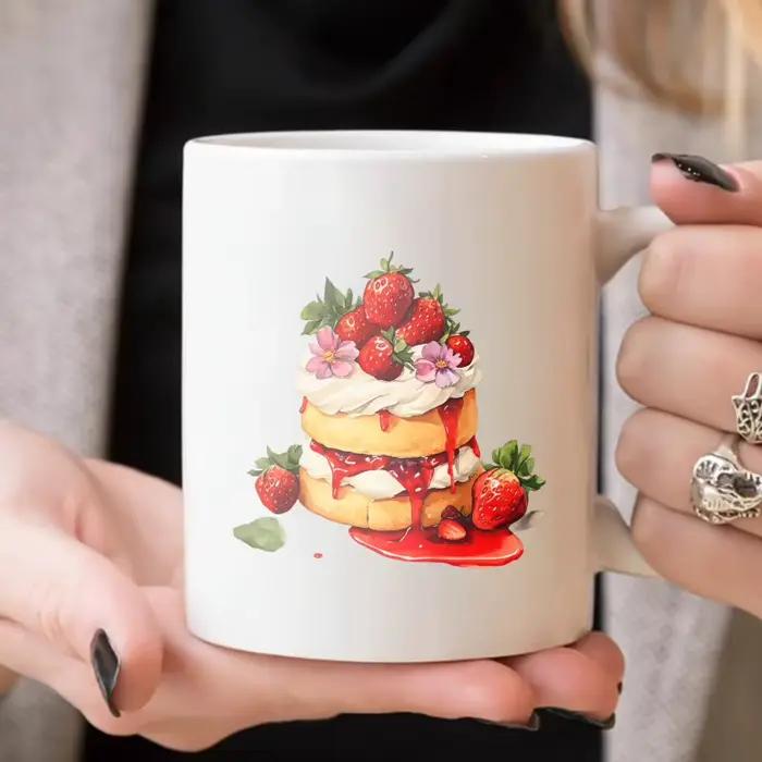 Tasse en céramique conçue avec une gâteau aux fraises blanches pour le café, le thé, le petit déjeuner et les collations