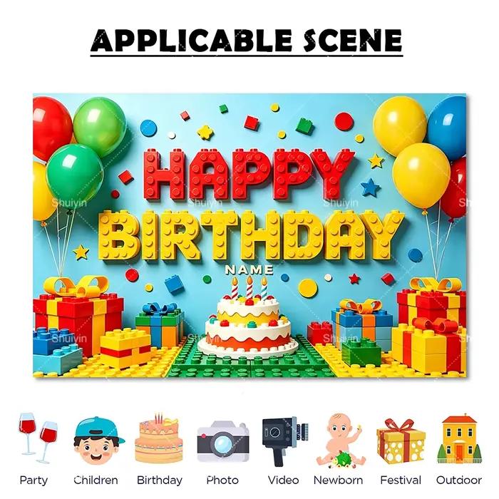 Toile de fond colorée en blocs de construction pour décorations d'anniversaire d'enfants, fournitures de fête, décorations de baby shower, bannière, fond de photographie, cadeaux