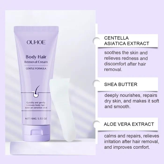 Crème dépilatoire douce pour le corps aux ingrédients délicats, hydratante et nourrissante, lisse la peau et élimine les poils en toute douceur.