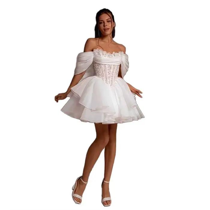 Robes de mariée courtes blanches, style vintage, épaules dénudées, coupe trapèze, plissées, robes de mariée personnalisées, Vestido De Novia