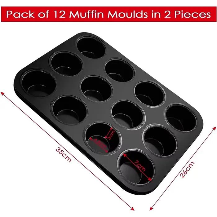 Plateau à muffins plateau à muffins en acier au carbone moule de cuisson à muffins paquet de 2 pour 12 muffins, plateau à muffins à revêtement antiadhésif-AT64