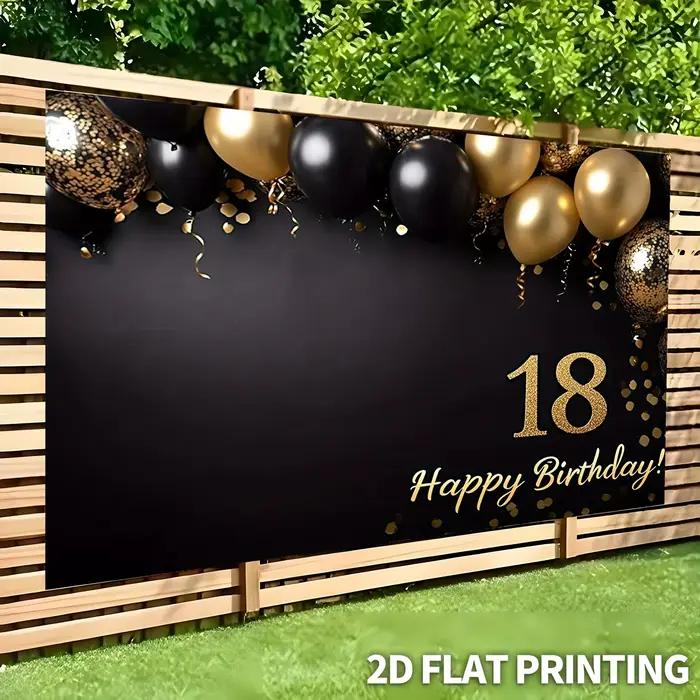 Bannière de fond pour fête d'anniversaire de 18 ans - ballons noirs et dorés avec inscription « Joyeux anniversaire ! » écrits sur eux. Polyester durable