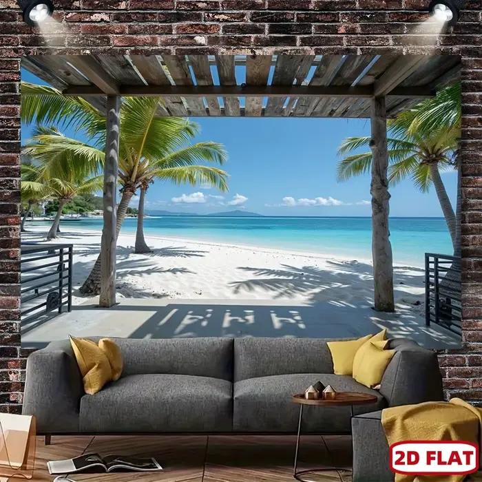 Murale murale de plage avec un palmier tropical - papier peint auto-adhésif, fond réaliste de scène marine, avec eau couleur jade