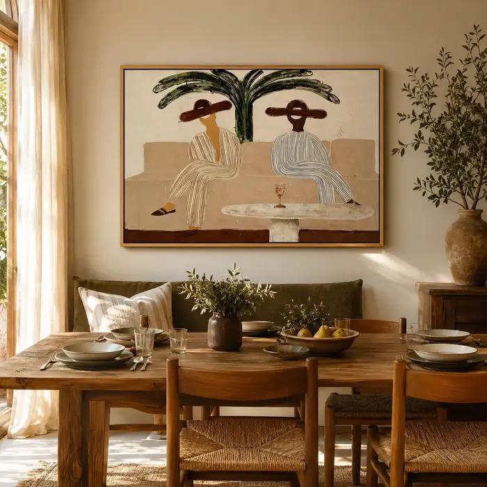 Palm Afternoon – Deux femmes sur un canapé avec peinture sur toile d'un palmier, impression murale, œuvre d'art de décoration intérieure de haute qualité pour la chambre à coucher
