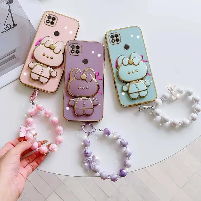 3 pièces (coque de téléphone à fleurs mignonnes + cordon + support lapin) pour Redmi 9i/9 Prime/9AT/9A Sport/9A/8/9/9 (Inde)/9C NFC/9C