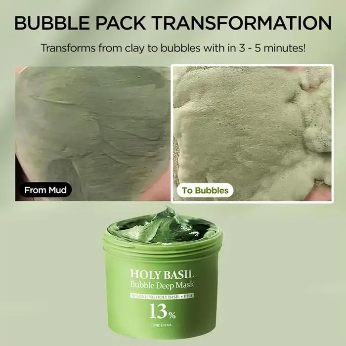 Masque à l'argile au basilic sacré 90g, masque nettoyant en profondeur pour les pores et régulateur de sébum avec PHA, masque exfoliant pour éliminer les points noirs et les peaux mortes