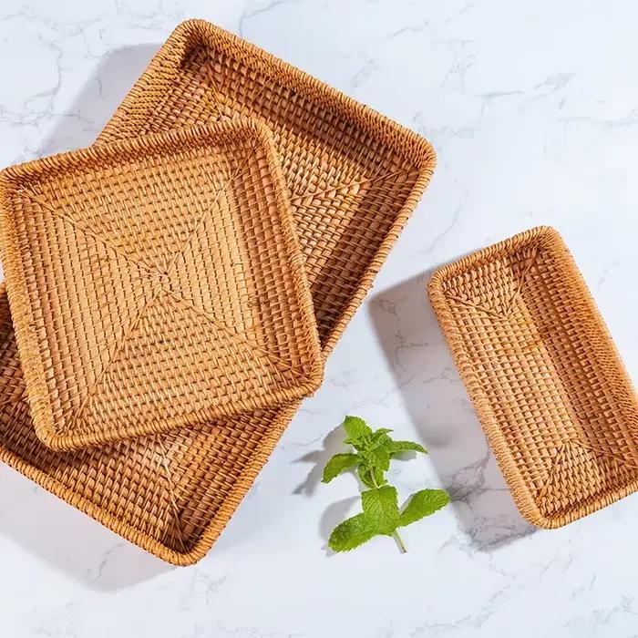 Panier de rangement en rotin tissé à la main, plateau carré en osier, panier de pique-nique, assiette de nourriture pour pain, gâteau aux fruits, boîte d'articles divers, décoration de bureau à domici