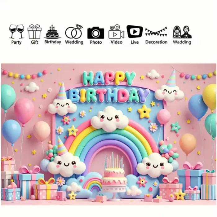 Ballons de bannière de fond joyeux anniversaire, nuage arc-en-ciel coloré, décoration de fête d'anniversaire pour bébé et enfant, mur de fond de célébrité