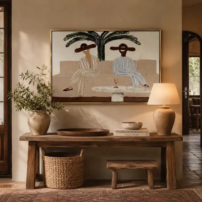 Palm Afternoon – Deux femmes sur un canapé avec peinture sur toile d'un palmier, impression murale, œuvre d'art de décoration intérieure de haute qualité pour la chambre à coucher