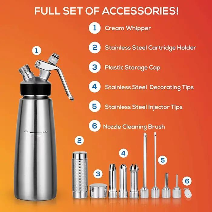 Distributeur de Crème Fouettée en Acier Inoxydable, Siphon avec 3 Embouts Décoratifs, 4 Embouts d'Injecteur, 1 Pinte