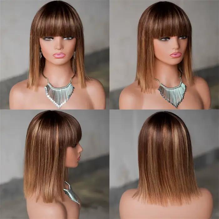 Perruques courtes et droites en cheveux humains blonds et bruns avec frange pour femmes, cheveux brésiliens Remy, perruques sans colle, cheveux humains pour cosplay