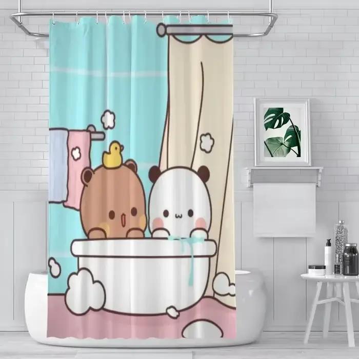 PO01 Rideau de douche salle de bain ours mignon Pnada Bubu Dudu décor articles ménagers modernes rideau de salle de bain cadeau de remise des diplômes Festival