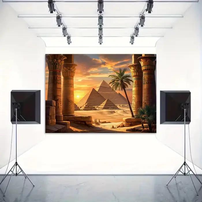 Bannière à fond plat 2D – Pilares égyptiennes anciennes, scène de coucher de soleil de pyramide du désert, décoration de fête