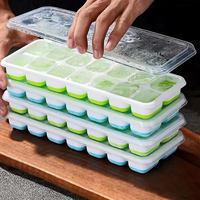 Moule à glaçons en silicone avec couvercle, 14 glaçons carrés, démoulage facile, pour cuisine, bar, cocktails glacés DIY, outil de congélation estival