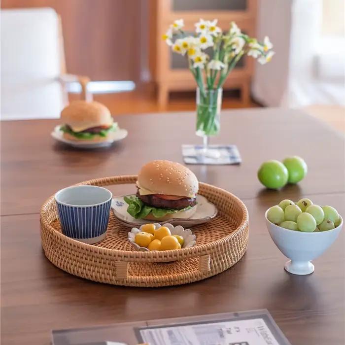 Plateau en rotin tissé à la main, panier alimentaire, plateau de fruits, assiette de collation de thé de l'après-midi multifonction, panier décoratif, plateau de rangement