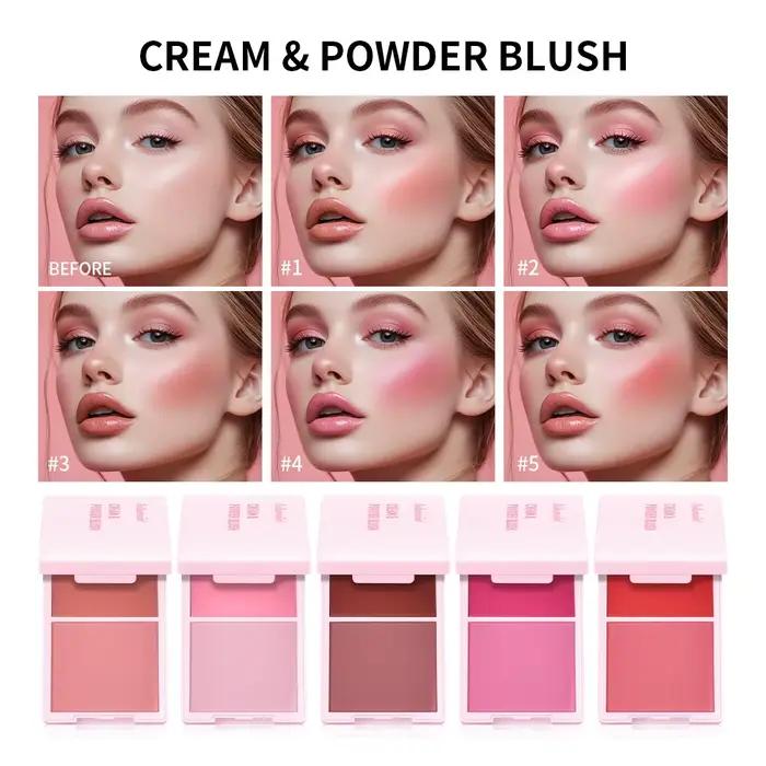 Crème & poudre Blush Duo longue tenue finition mate et rosée haute pigment rose bonbon pêche